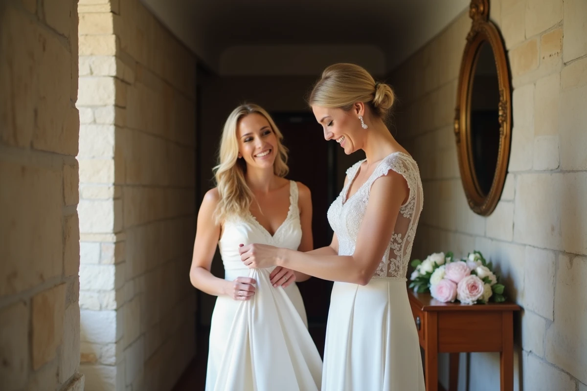 Une mariée souriante face à une imperfection de sa robe le jour du mariage, symbolisant l'acceptation que tout ne sera pas parfait