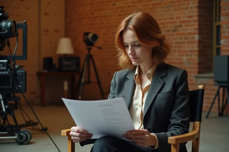 Actrice américaine en costume de scène sur un plateau de tournage, consultant un script dans les coulisses