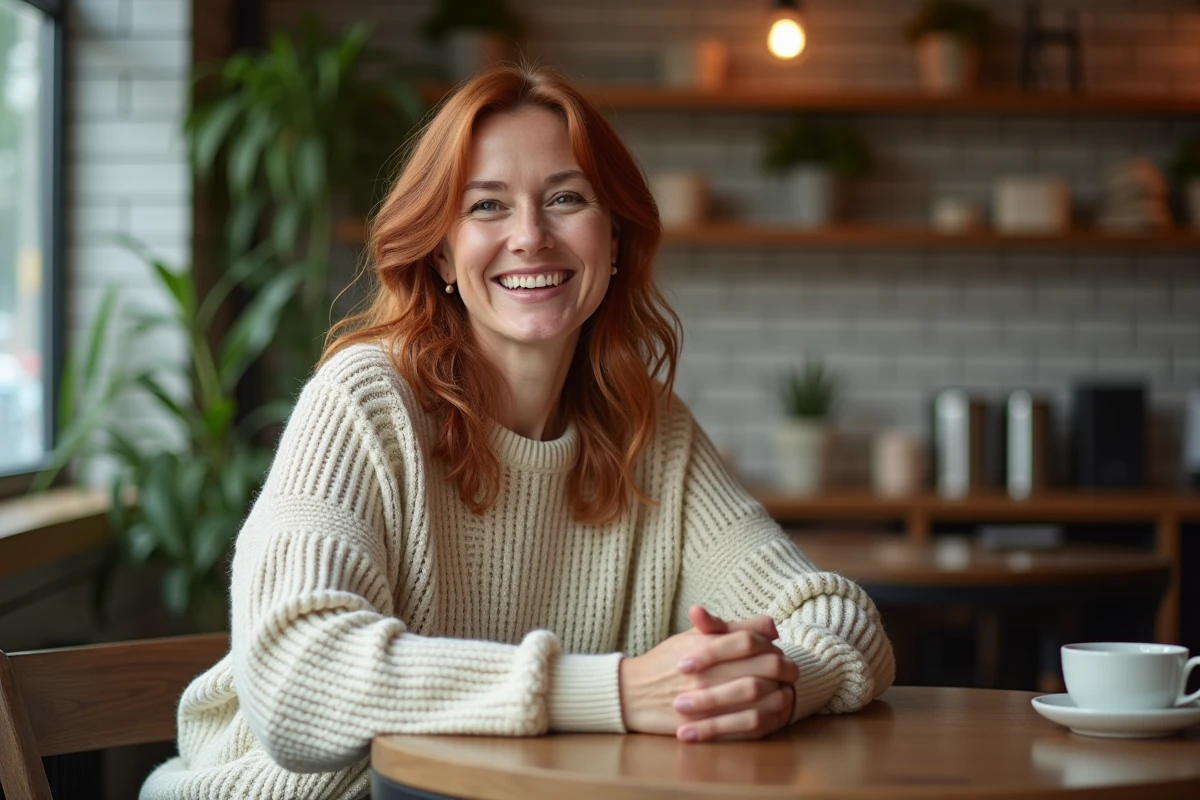 Actrice américaine en interview décontractée dans un café, pull en maille et sourire naturel
