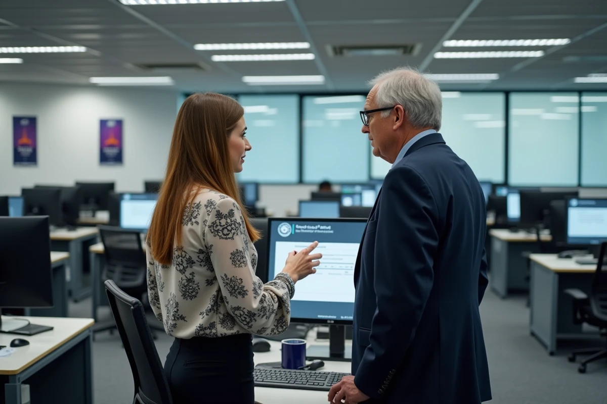 Deux agents municipaux parisiens consultant ensemble le portail de connexion pour les employés de la Ville de Paris