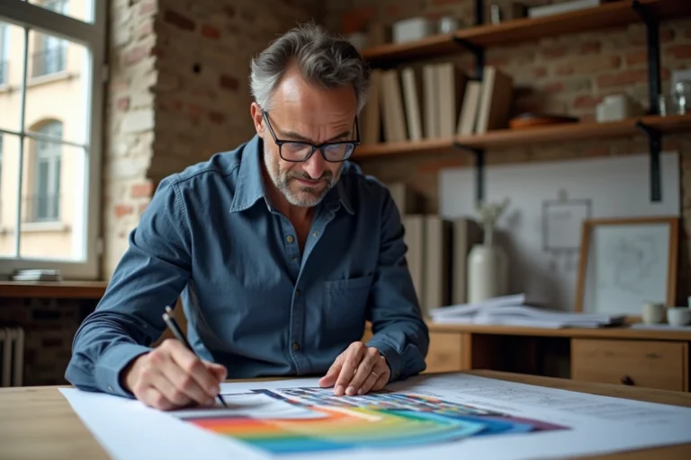 Architecte consultant un nuancier RAL sur une table à dessin avec des plans de permis de construire et des documents des Bâtiments de France