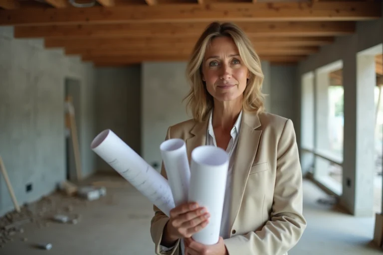 Architecte femme tenant des plans de rénovation dans un appartement en cours de travaux avec murs en béton brut