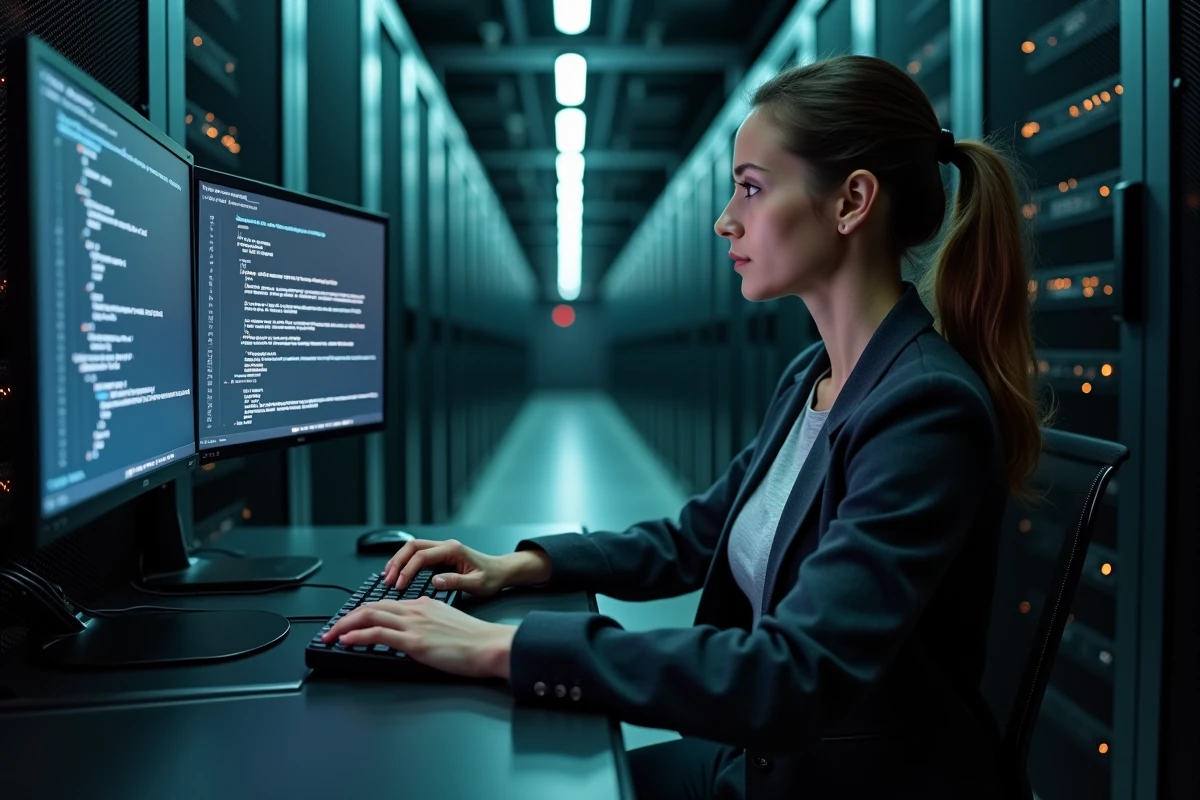 Architecte système féminine travaillant sur des scripts de déploiement informatique dans une salle de serveurs professionnelle