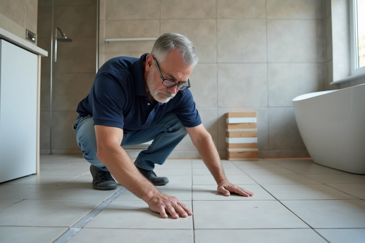 Artisan expérimenté inspectant la pose de carrelage dans une salle de bain rénovée avec baignoire îlot