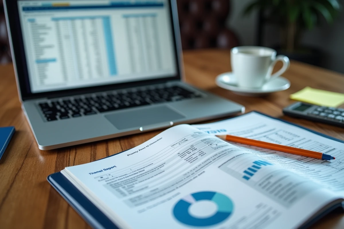 Bureau d'analyste financier avec rapport annuel de SCPI ouvert sur le calcul de la valeur de reconstitution
