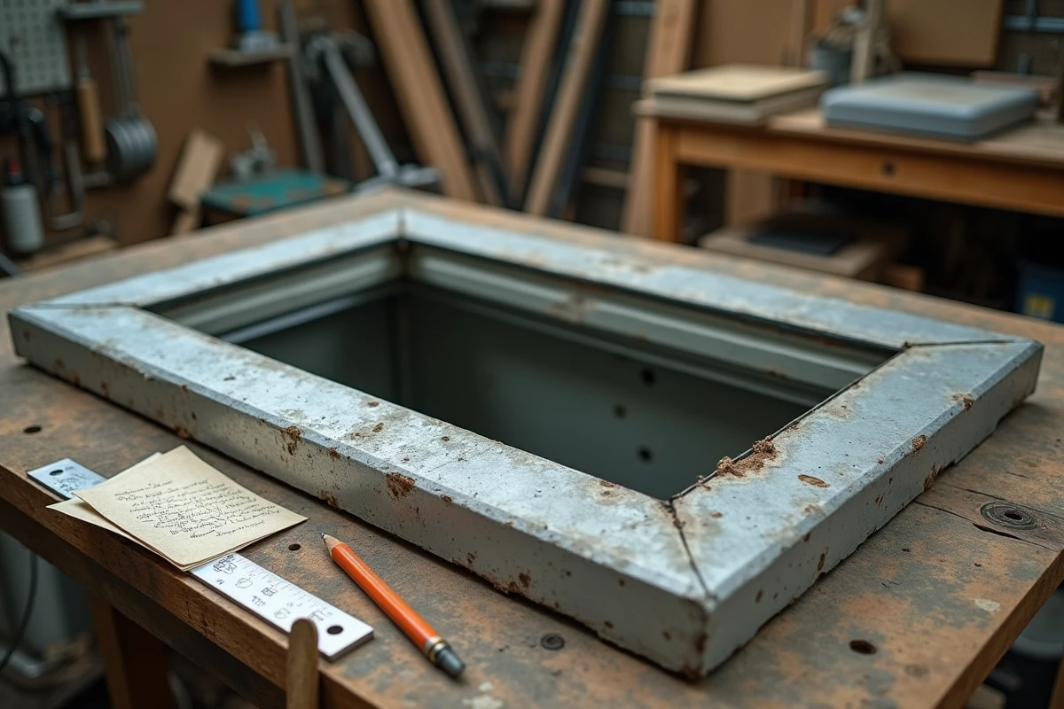 Cadre de Velux ancienne génération posé sur un établi avec outils de mesure et carnet de dimensions