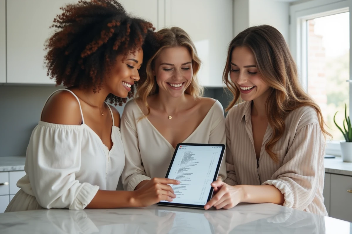 Trois témoins de mariage consultant une checklist centralisée partagée sur une tablette dans un appartement moderne