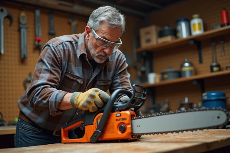 Homme expérimenté inspectant une tronçonneuse professionnelle dans un atelier de bricolage