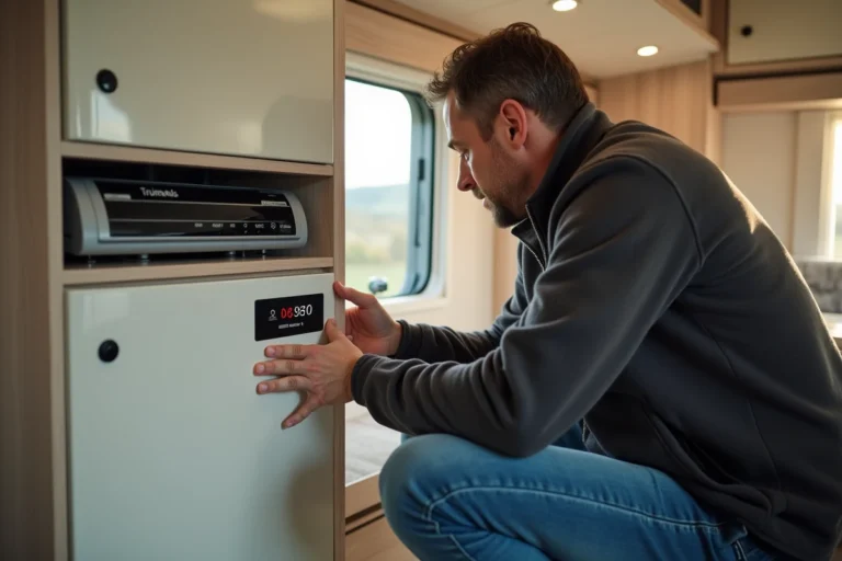 Technicien inspectant un code erreur sur le panneau de contrôle Truma Combi dans un camping-car
