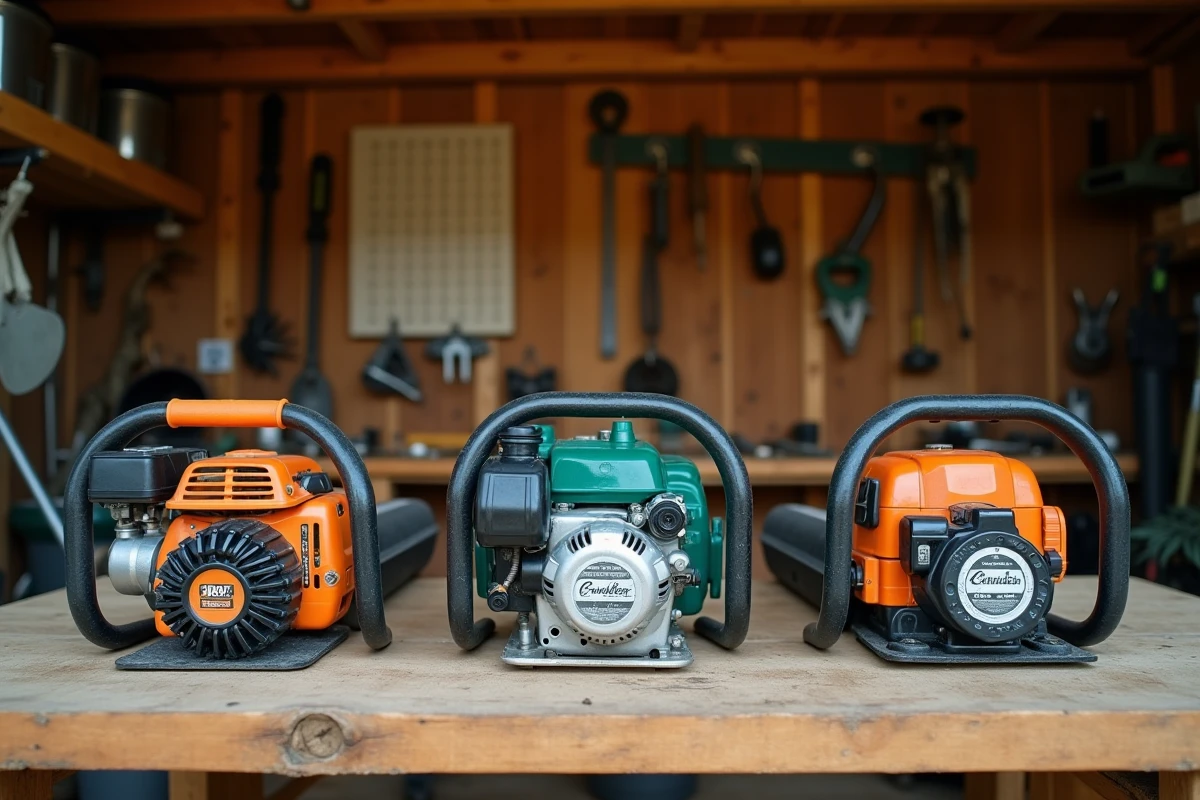 Comparaison de trois types de débroussailleuses posées sur un établi en bois dans un atelier de jardin