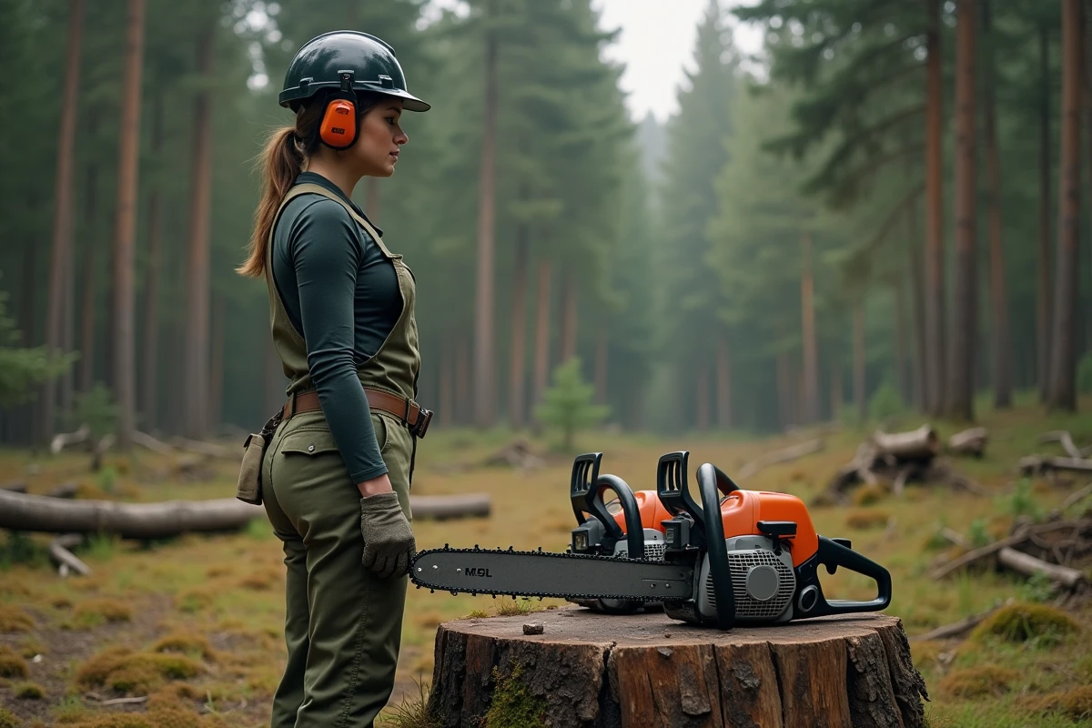 Femme comparant deux tronçonneuses dans une clairière de forêt de pins