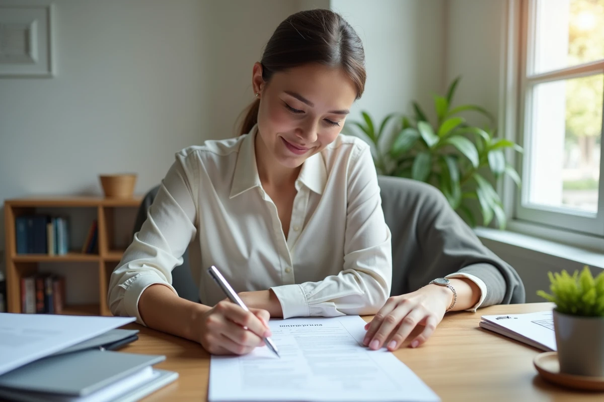 Une future mariée lisant attentivement un contrat de prestataire de mariage avant de le signer pour sécuriser la prestation
