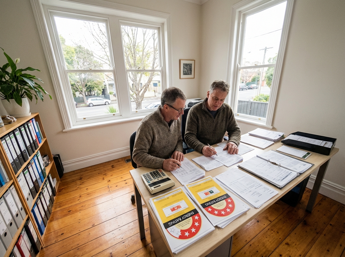 Couple examinant des factures dans un bureau rénové