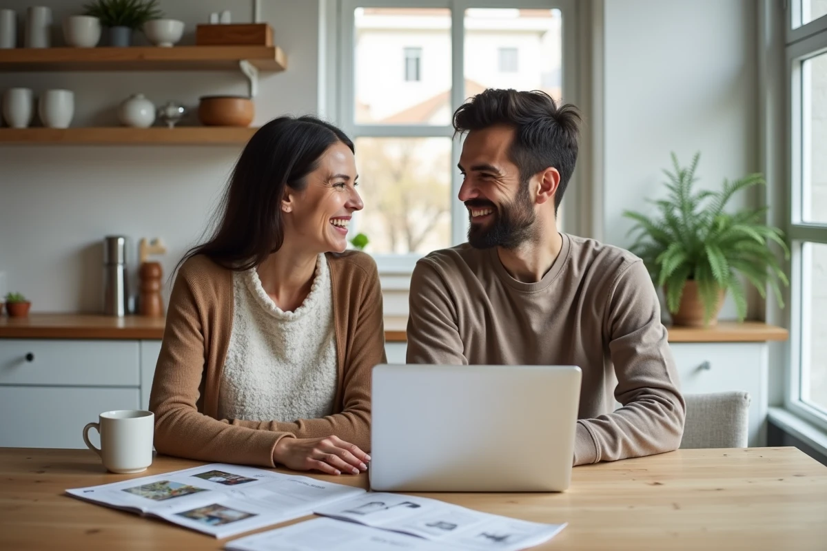 Couple discutant de projets immobiliers autour d'une table avec des annonces et un ordinateur portable dans une cuisine moderne