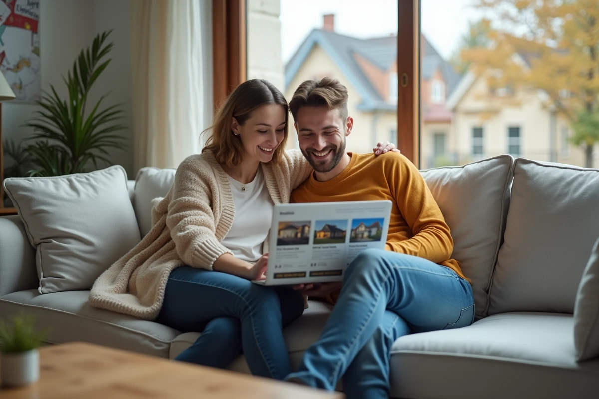 Couple cherchant des annonces immobilières ensemble sur un ordinateur portable dans un salon moderne