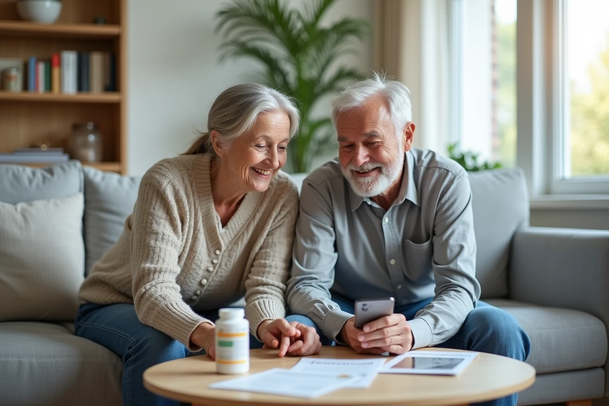Couple senior consultant la notice d'Azinc Senior pour identifier les effets secondaires