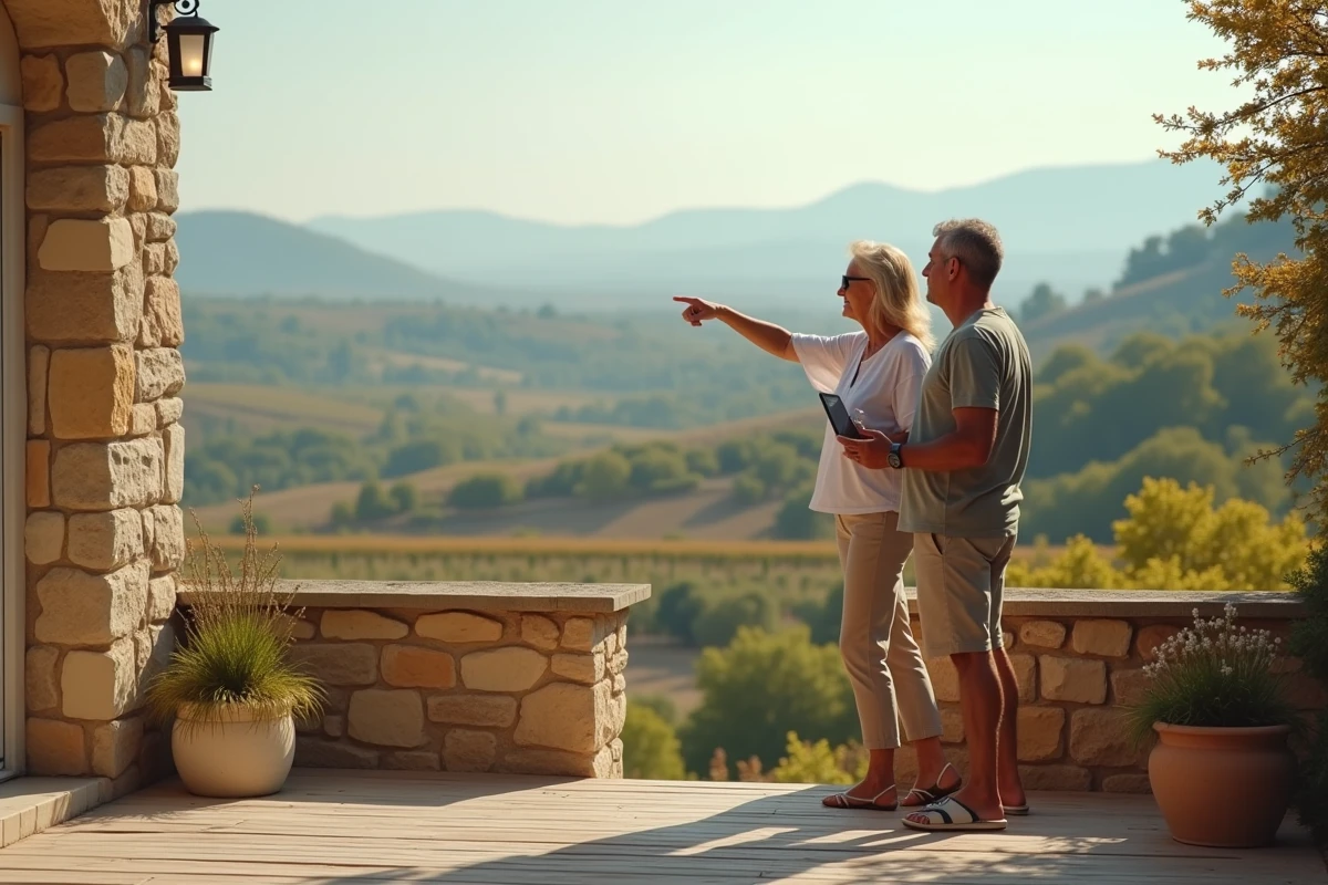 Couple de propriétaires sur la terrasse de leur résidence secondaire en France évaluant la valeur du bien avant une vente immobilière