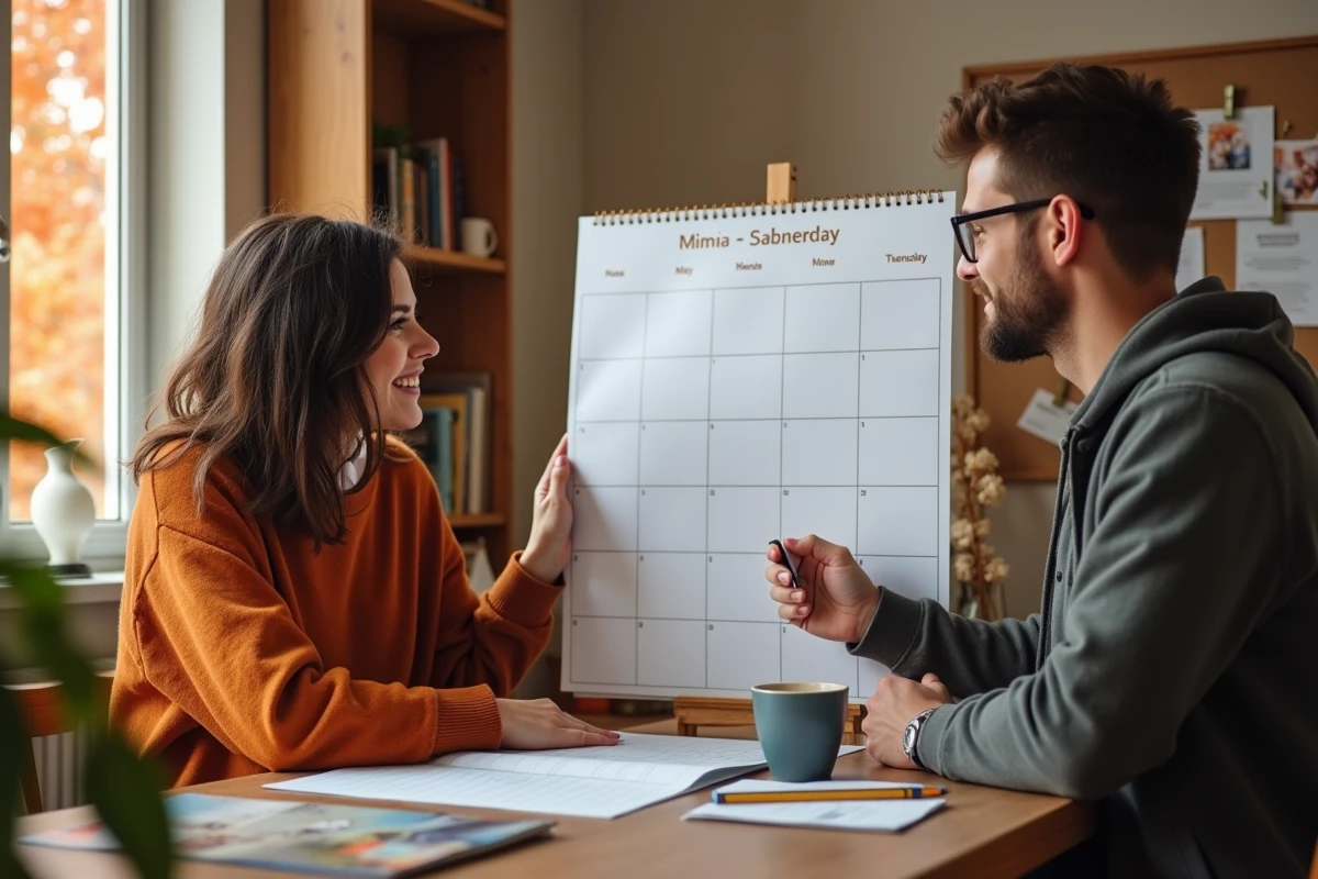 Un couple choisissant une date de mariage en semaine ou hors saison sur un grand calendrier mural pour avoir plus d'options