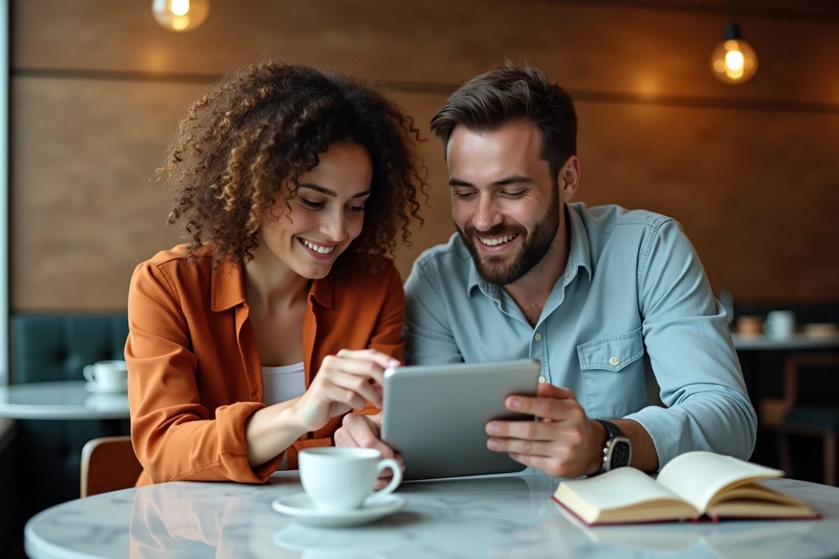 Deux collègues découvrant ensemble le contenu d'un site créatif sur une tablette dans un café urbain
