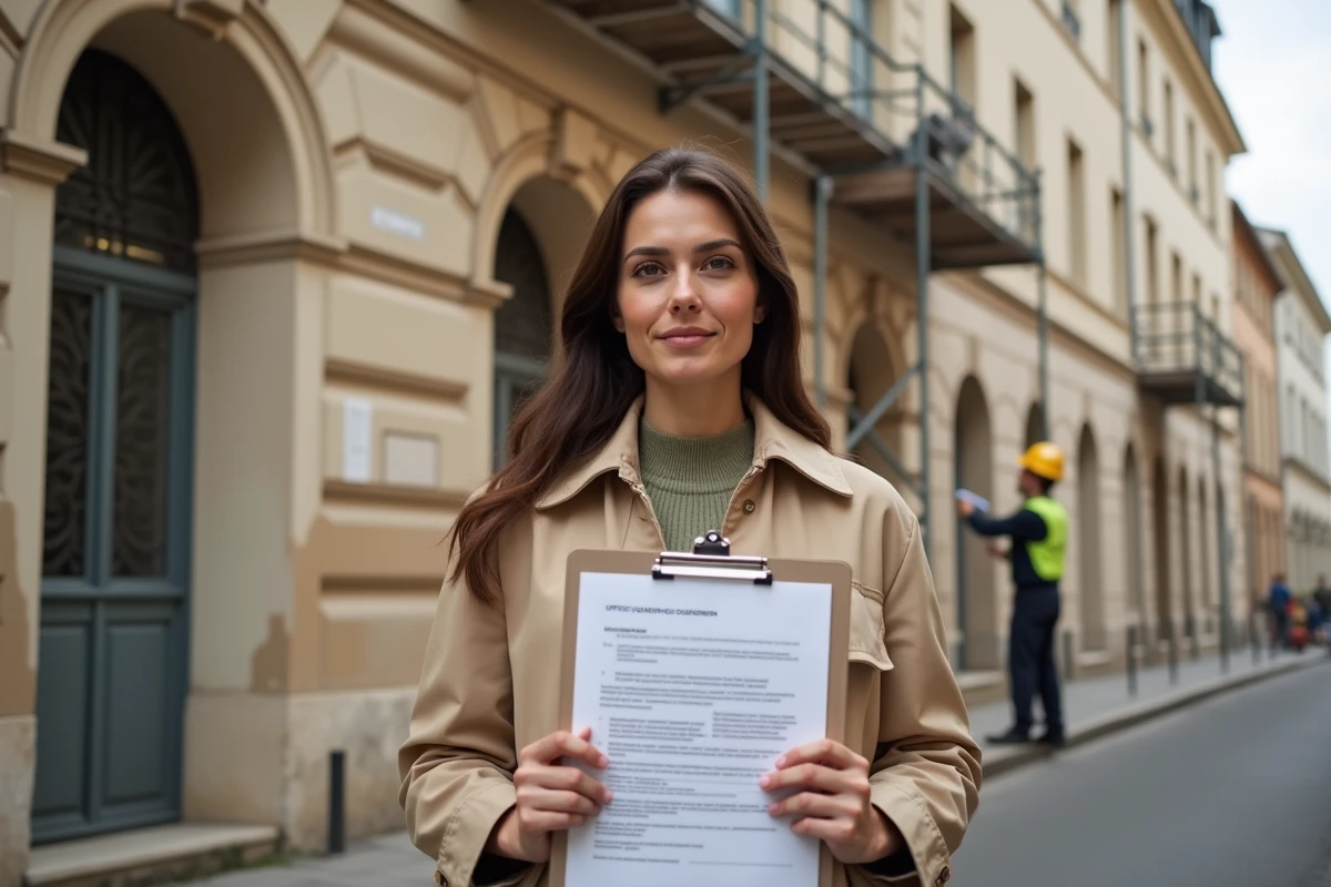 Femme tenant un dossier de demande de couleurs agréées devant un immeuble historique en rénovation conforme aux règles des Bâtiments de France