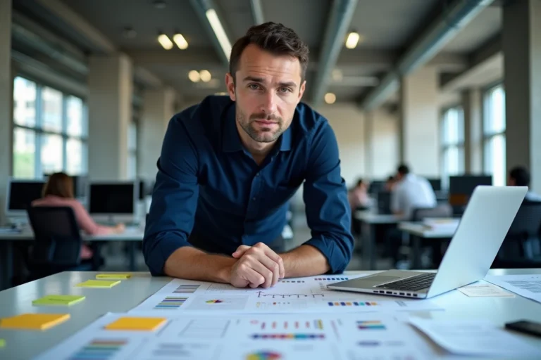 Technicien informatique analysant un plan de déploiement par étapes sur un bureau d'entreprise moderne