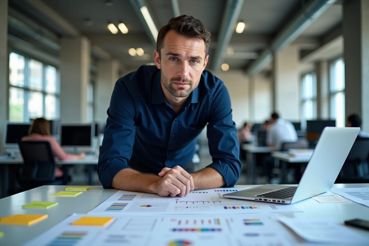 Technicien informatique analysant un plan de déploiement par étapes sur un bureau d'entreprise moderne