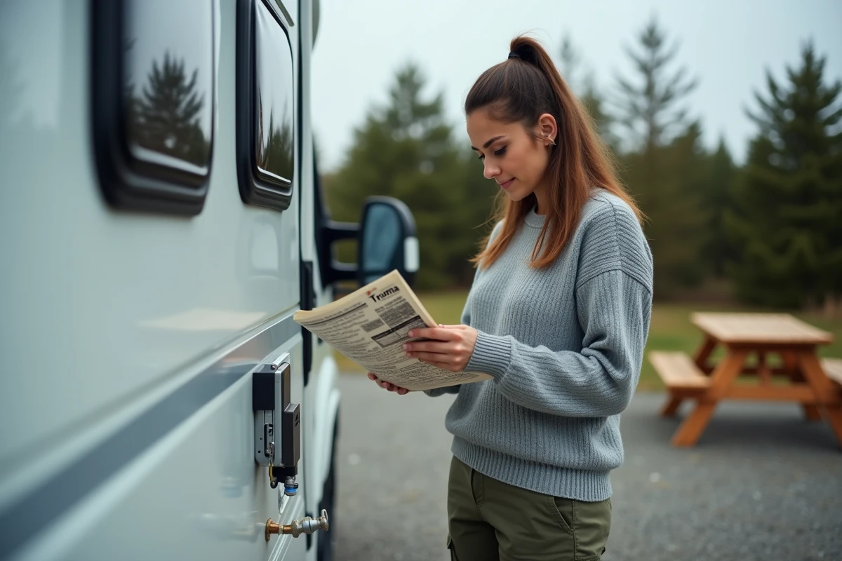 Femme consultant le manuel des codes erreur Truma à côté d'un camping-car stationné sur un terrain de camping