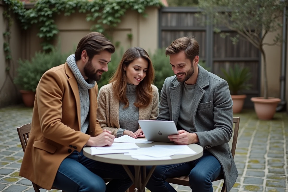 Trois jeunes professionnels étudiant des documents liés à l'économie participative dans une cour urbaine