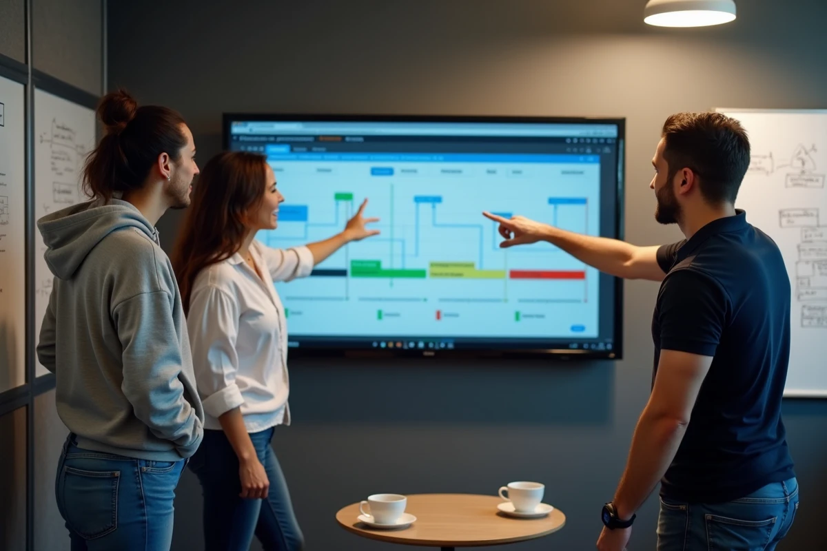 Équipe d'ingénieurs logiciels discutant d'un calendrier de déploiement informatique par étapes sur un écran mural