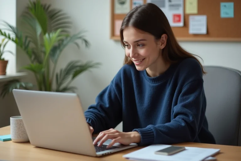 Jeune femme explorant le site D'clic Lab sur un ordinateur portable dans un bureau à domicile chaleureux