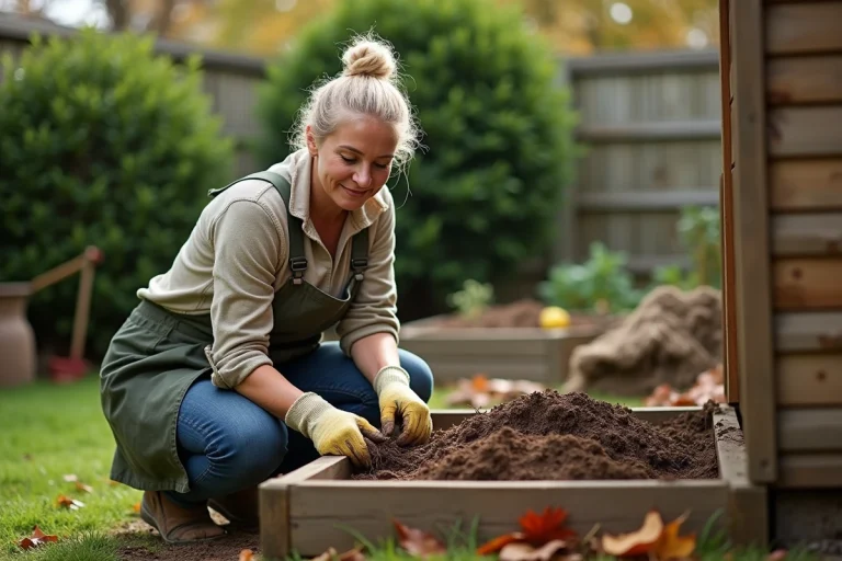 Femme au jardin manipulant le compost dans un jardin verdoyant