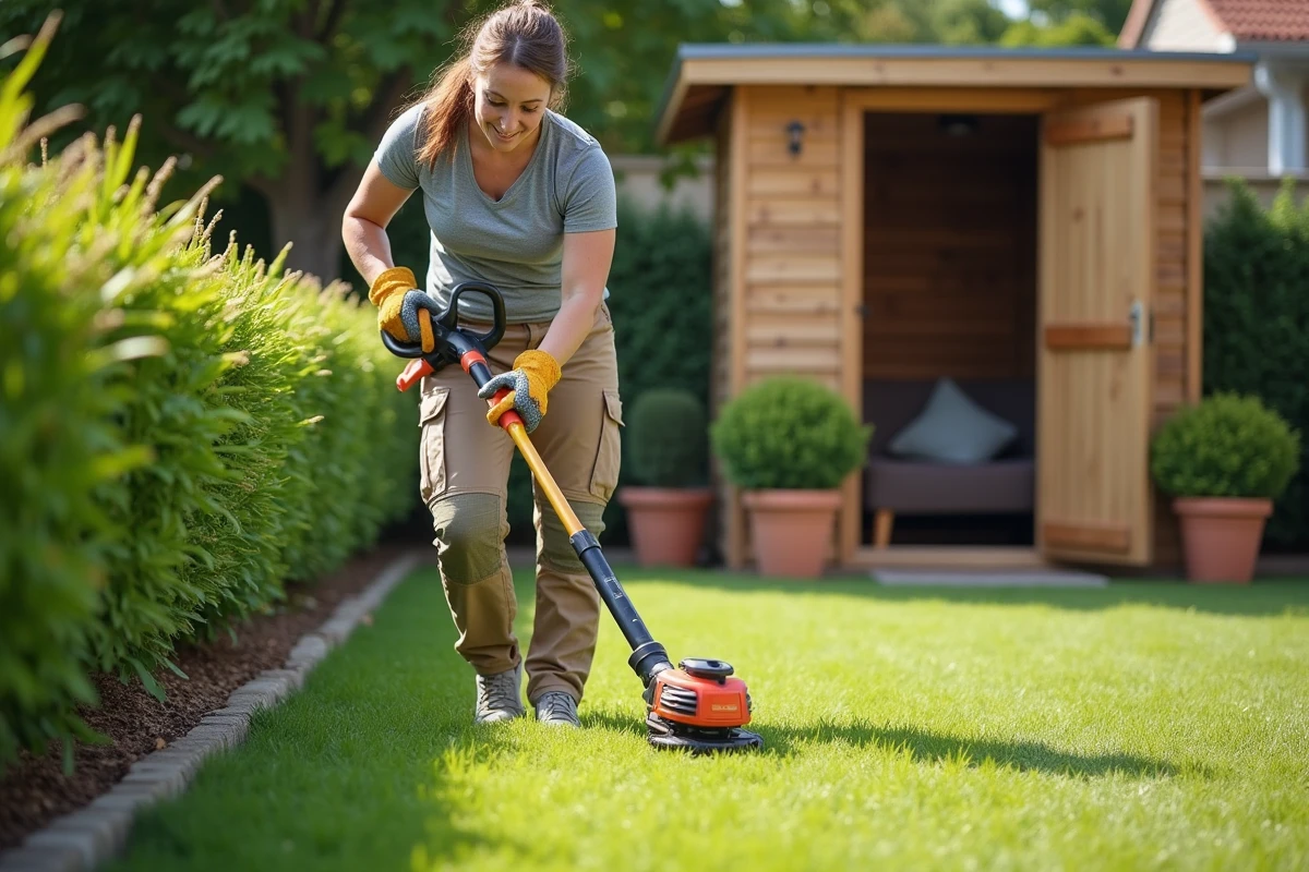 Femme utilisant une débroussailleuse électrique sans fil pour border une pelouse près de parterres de fleurs