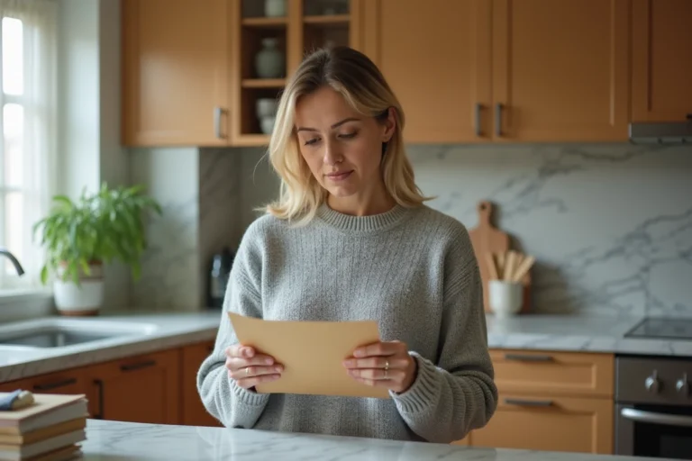 Femme examinant une enveloppe avec une adresse incorrecte dans sa cuisine, tenant le courrier dans ses mains avec une expression perplexe
