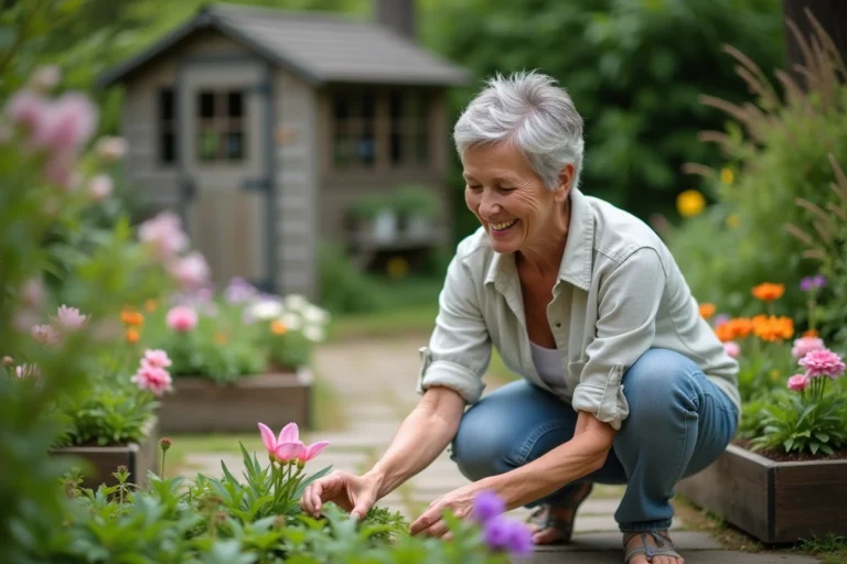 Femme souriante dans son jardin en fleurs