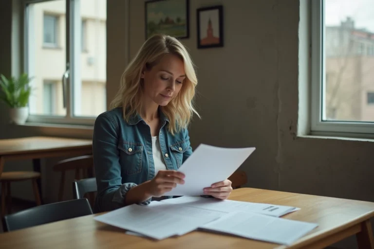 Femme lisant des documents de location dans un logement social