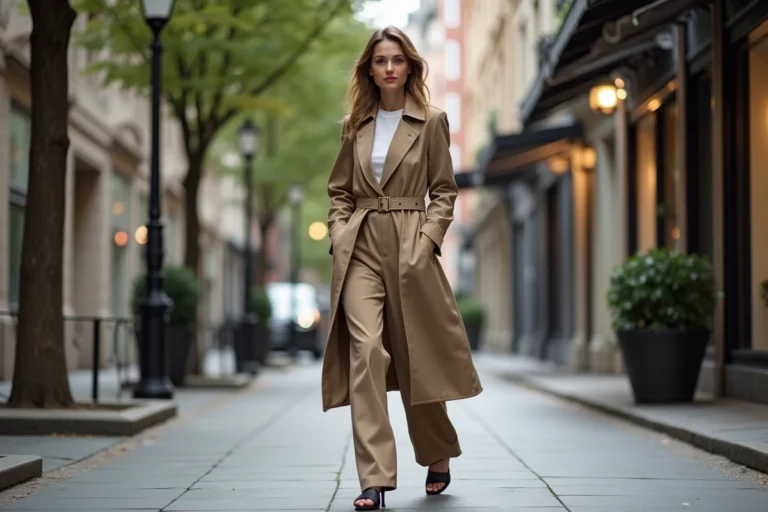 Femme élégante en trench et pantalon large dans la ville