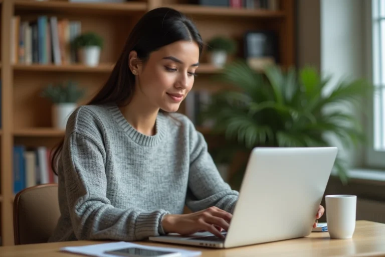 Femme consultant des annonces immobilières en ligne sur un ordinateur portable dans un bureau à domicile