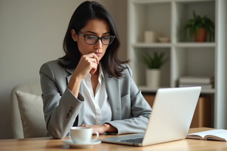 Femme consultant des offres d'emploi sur un ordinateur portable dans un bureau à domicile en France