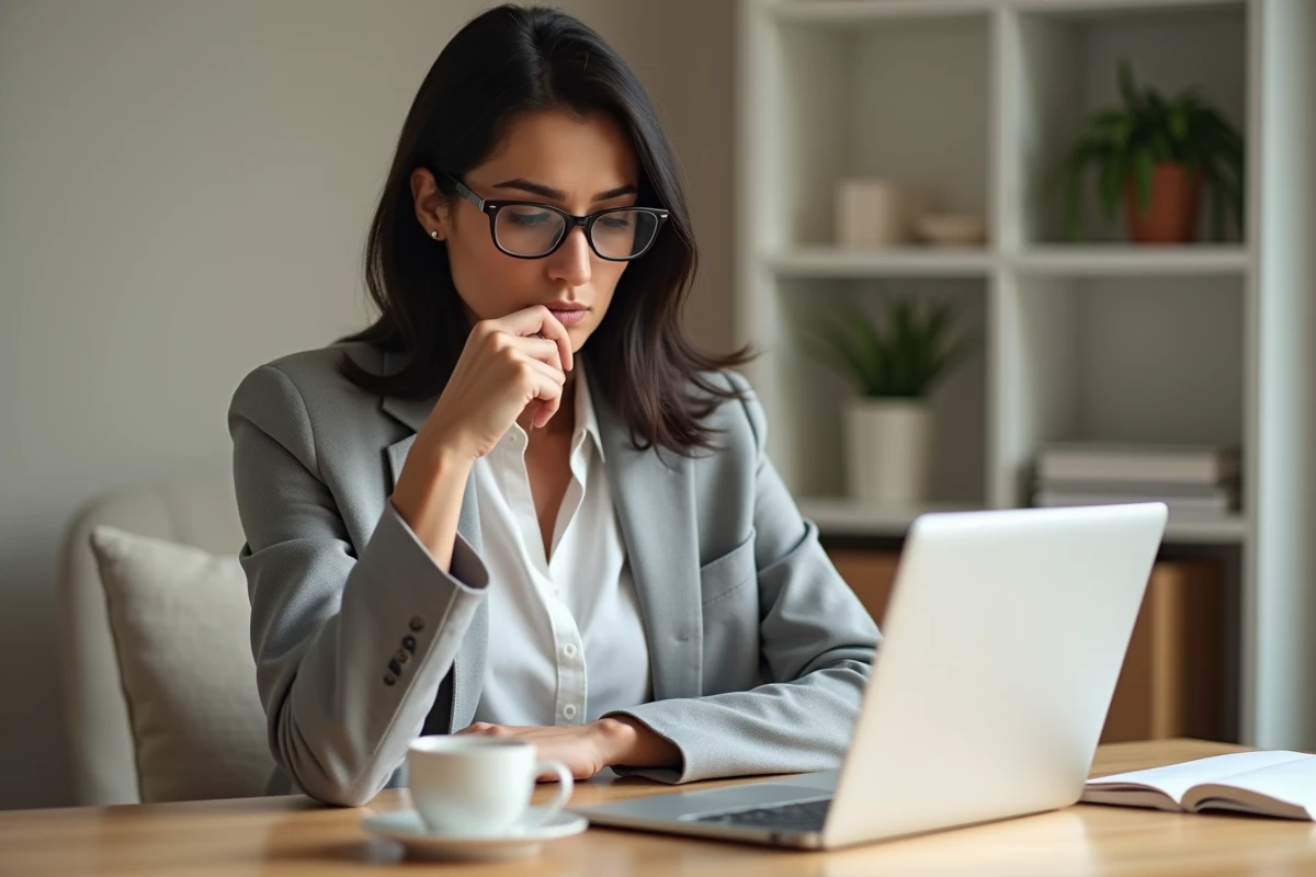 Femme consultant des offres d'emploi sur un ordinateur portable dans un bureau à domicile en France