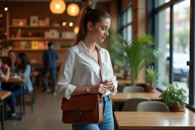 Femme ajustant son sac à main en cuir dans un café cosy