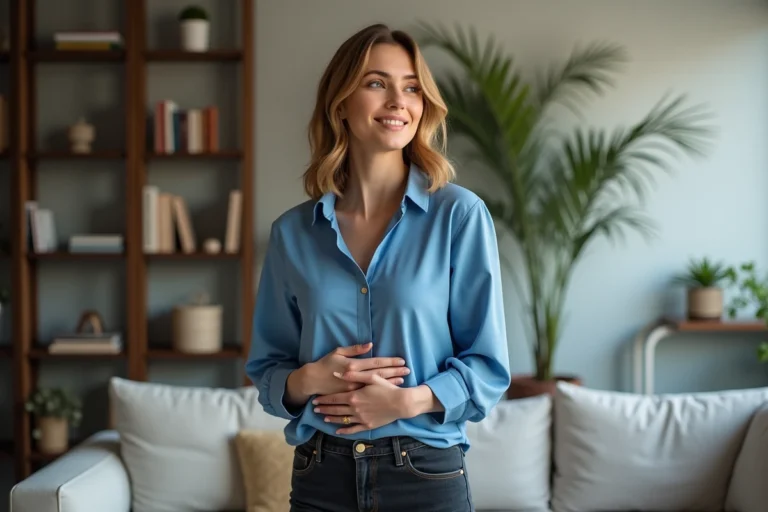 Femme souriante dans un salon cosy avec blouse bleue