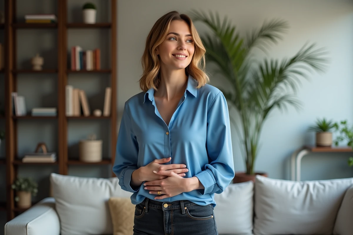 Femme souriante dans un salon cosy avec blouse bleue
