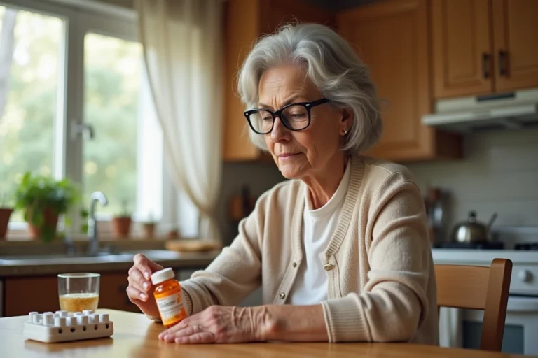 Femme senior examinant un flacon de complément vitaminé Azinc Senior à la table de cuisine