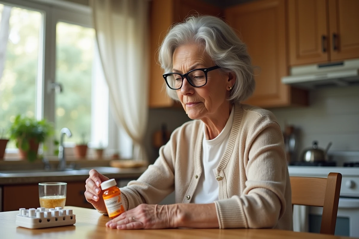 Femme senior examinant un flacon de complément vitaminé Azinc Senior à la table de cuisine