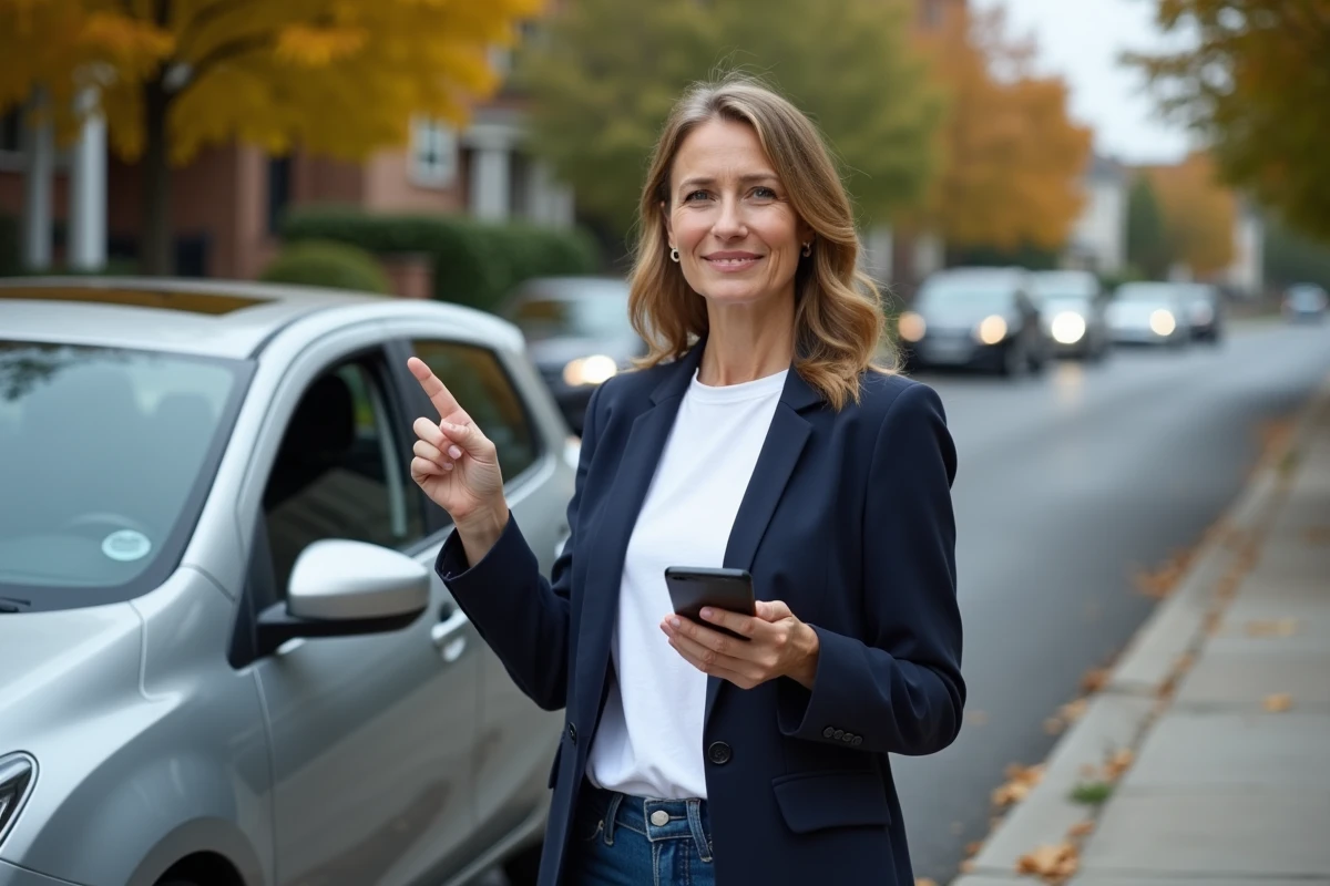 Femme présentant une voiture d'occasion à vendre dans un parking résidentiel avec son smartphone