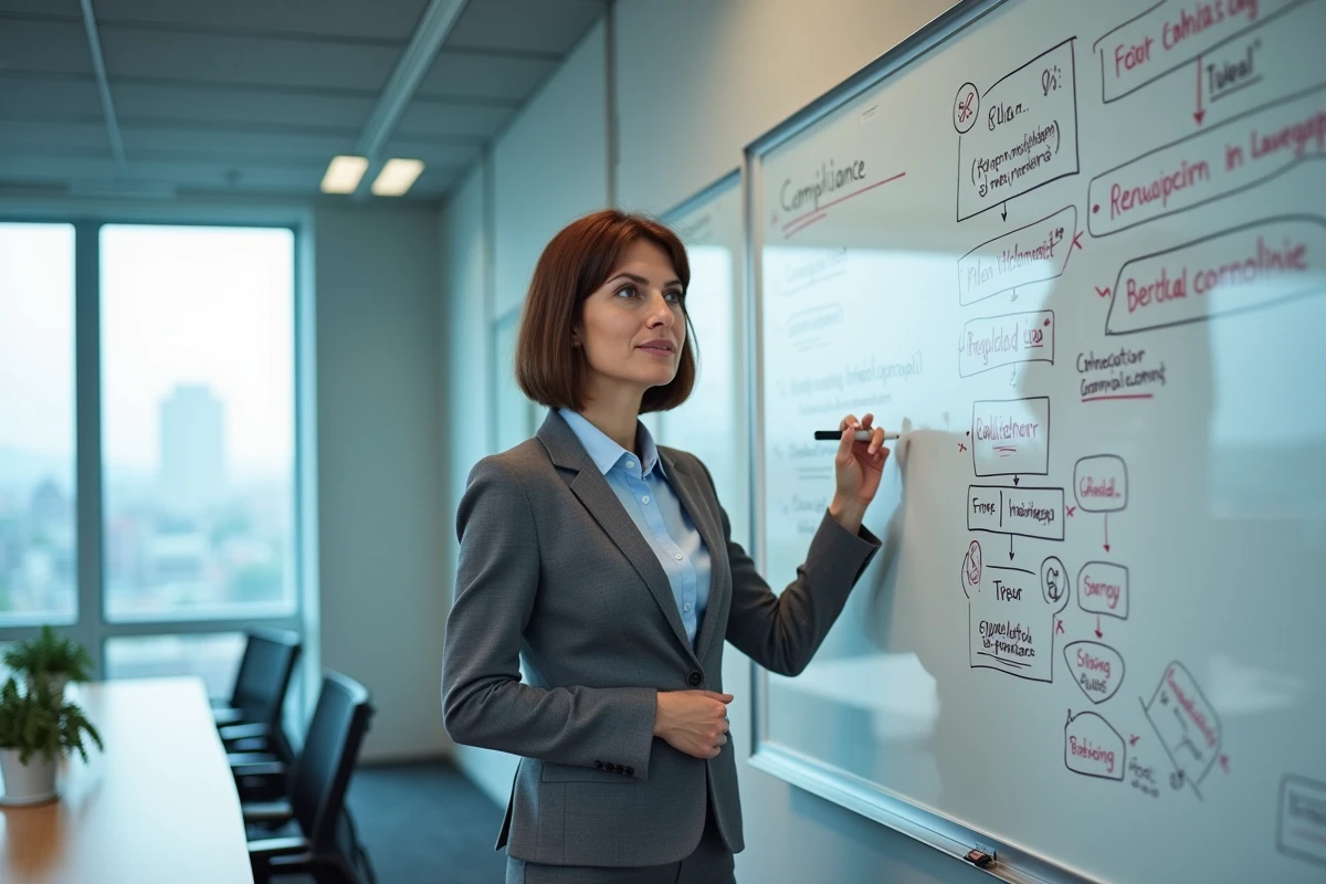 Formatrice expliquant le cadre réglementaire du code APRM lors d'une session de formation en entreprise