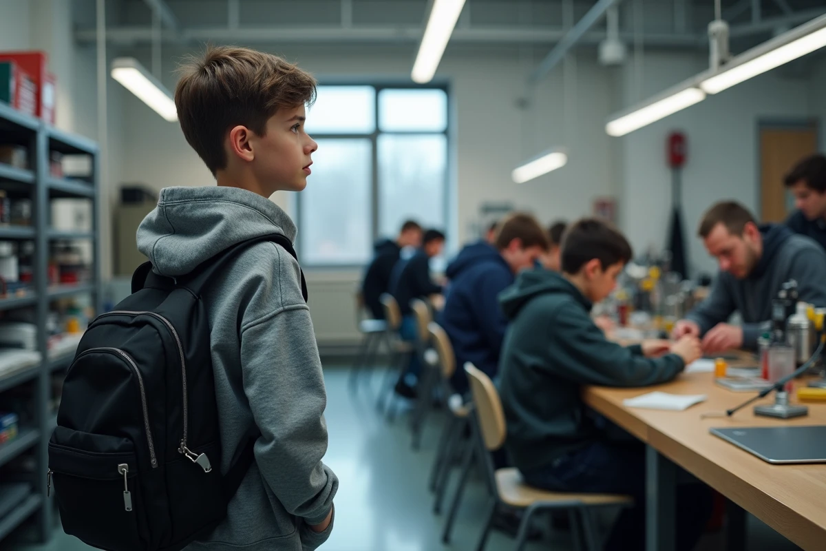 Garçon de 16 ans observe un atelier de montage de circuits