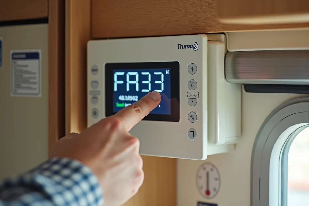 Gros plan sur un code erreur affiché sur l'écran du système de chauffage Truma dans une caravane