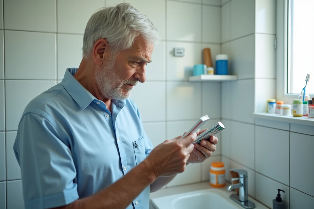 Homme âgé vérifiant les effets secondaires d'un complément Azinc Senior dans une salle de bain