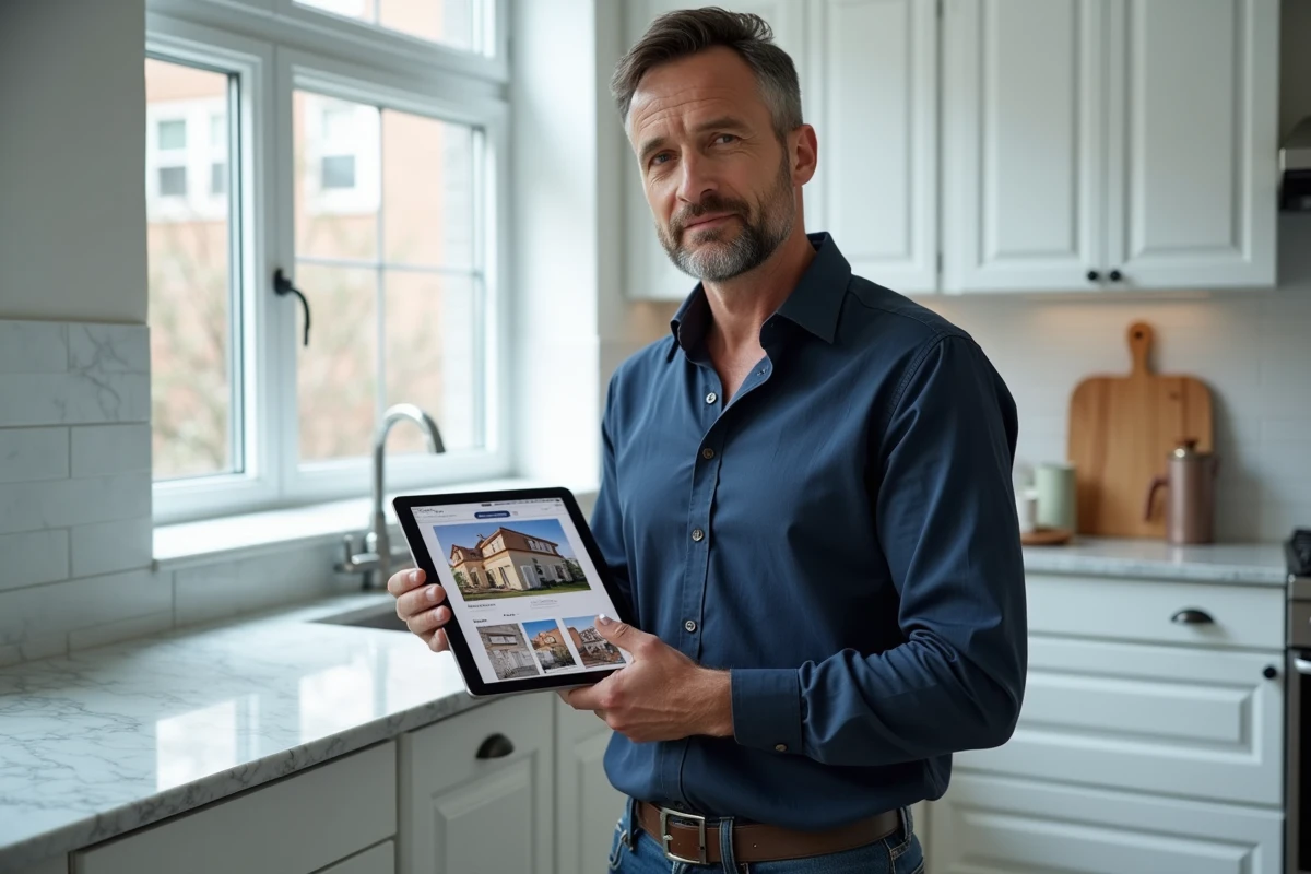 Homme consultant des annonces immobilières sur une tablette dans une cuisine moderne